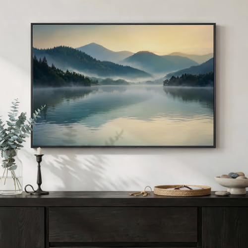 Framed Nature Mountain Lake Landscape Wall Art, Horizontal Foggy Forest