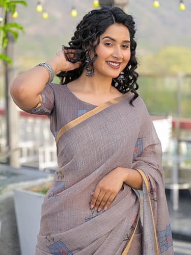 Image of SIRIL Women's Cotton Linen Printed Zari Border Saree with Unstitched Blouse Piece