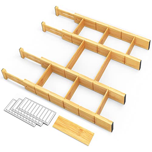 SpaceAid Bamboo Drawer Dividers with Inserts and Labels, Kitchen Adjustable Drawer Organizers, Expandable Organization for Home, Office, Dressers, 4 Dividers with 9 Inserts (17″-22″ Natural)