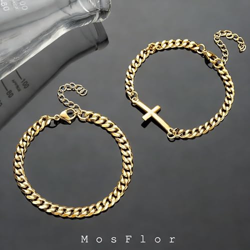 MosFlor Gold Cross Bracelets for Men, Mens Gold Bracelet Set Stainless Steel Cuban Link Chain Bracelets Stack Gold Jewelry Men's Accessories Gifts for Men Dad Him Husband Son Boyfriend by MosFlor - Used condition - Image 6