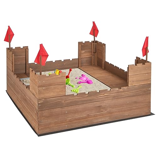 COSTWAY Sabbiera in Legno per Bambini con 2 Panchine, Sabbionaia con Contenitori e Bandierine, con Telo di Fondo Protettivo da Giardino e Spiaggia, per Bambini 3 Anni+