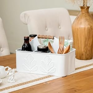 NIKKY HOME Farmhouse Silverware Organizer with 4 Compartments Cutlery Caddy Kitchen Countertop Flatware Holder for Utensil, Spoons, Knives, Forks, White Plant Embossed Pattern NIKKY HOME Farmhouse Silverware Organizer with 4 Compartments Cutlery Caddy Kitchen Countertop Flatware Holder for Utensil Spoons Knives Forks White Plant Embossed Pattern