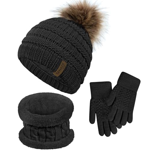 Senker Fashion Winter Kids Hat and Gloves Set for Boys Girls Toddler Pompom Knit Thick Warm Fleece Lined Cold weather