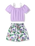 Hipea Teen Girl Clothes 2-Pieces Printed Off-the-Shoulder Top and Solid Shorts Set Cute Clothes for Girls Size 7 8