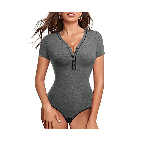 HAENPISY-Short-Sleeve-Bodysuit-for-Women-Basic-Slim-Fit-V-Neck-Button-Up-Ribbed-Knit-Thong-Leotards-Top HAENPISY Short Sleeve Bodysuit for Women Basic Slim Fit V Neck Button Up Ribbed Knit Thong Leotards Top(X-Large, Grey)