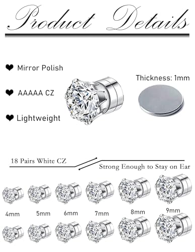 18 Pairs Magnetic Stud Earrings for Women Men Clip on No Piercing Magnet CZ Earrings Set Fake Earring Studs Jewelry 4-9MM2