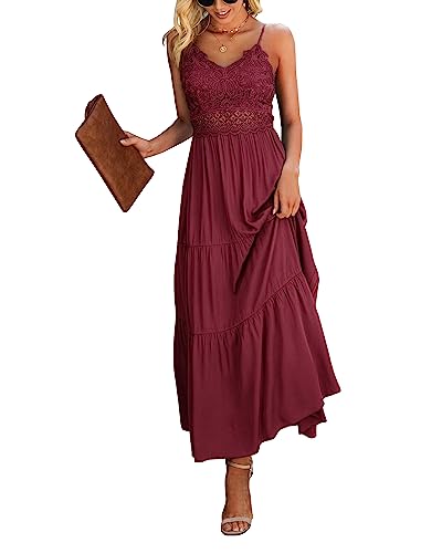 Image of Dokuritu Women's Beach Crochet Lace Maxi Dress Solid Color Summer Vacation Wedding Guest Spaghetti Strap Long Dress