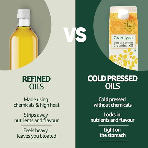 Image of Gramiyaa Cold Pressed Groundnut Oil 1 Litre| Traditionally Extracted | Chemical-free, Zero Trans-fat Cooking Oil | Unrefined | Kachi Ghani Peanut oil for Cooking (Pack of 3)