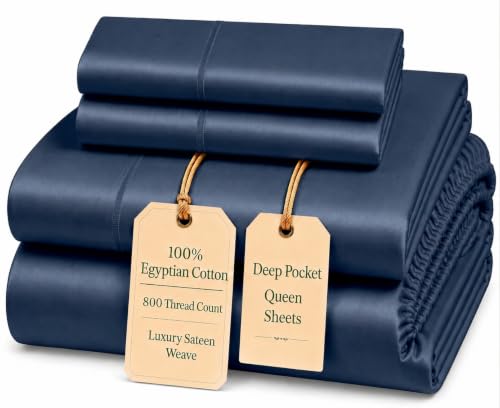 Image of Egyptian Cotton Sheets Queen Size Set, 800TC Queen Sheets Set - Dark Denim | 15 inch Deep Pocket, Breathable & Cooling, Sateen Weave 4-Piece fully elasticized Sheet & Pillowcase Sets, OEKO-TEX Certified
