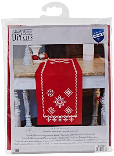 Image of Vervaco Embroidery Christmas Embroidery Kits Cross Stitch Table Runner DIY Set, Tablecloth to Embroider with Image on Cotton and Embroidery Thread, 12 x 42 Inches, Festive Red