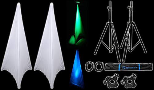 Audiosavings Bundle: (2) American DJ O-Clamp/1.5 Wrap Around Truss Clamp Bundle with (2) Rockville RSC7W White Tripod PA Speaker Stand & (1) Pair of Rockville Adjustable Tripod Speaker (6 Items)