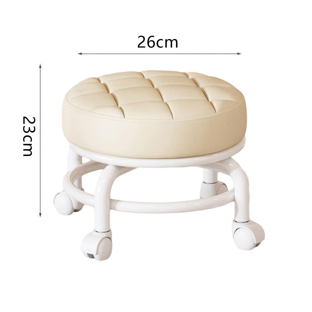Taburete de rodillos giratorio de 360 ° Taburete para tareas domésticas perezosas Taburete de bajo ruido para niños Poleas pequeñas Taburete Ruedas giratorias, beige