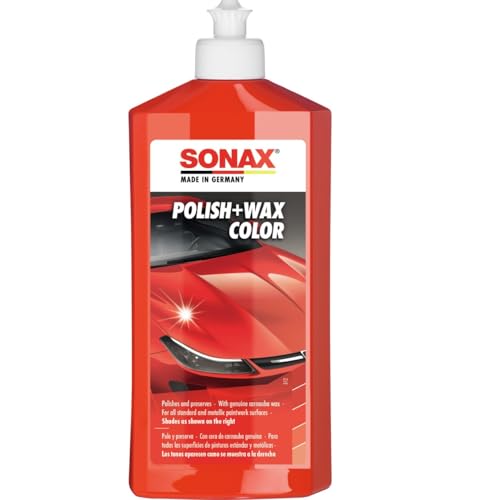 SONAX Polish+Wax Color NanoPro Rojo (500 ml) pulimento de fuerza media con pigmentos de color y componentes de cera. Cubre rayas pequeñas y protege contra la corrosión | N.° 02964000 544