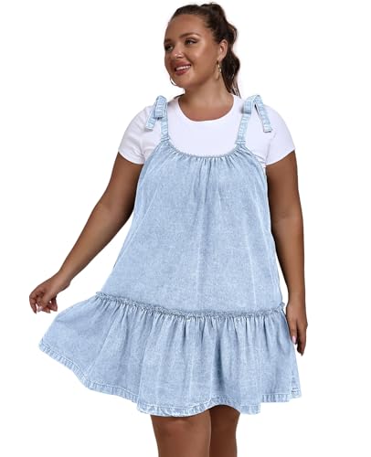 Image of Denim Dress for Women Tie Shoulder Sleeveless Denim Mini Dress Casual Flowy Babydoll Dress Wash Jean Dress