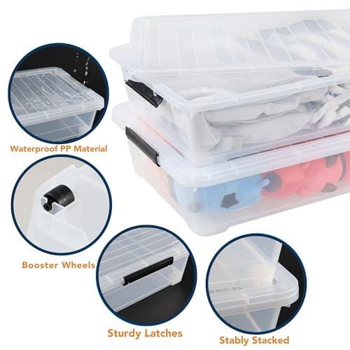 Image of Clear Heavy Duty Transparent Under Bed Bulk Storage Container with Lids, 35 Litre, Dustproof, Stackable, Clip On Lid, BPA Free, Multipurpose Bed Storage Box with Roilling Wheels (Pack of 4)