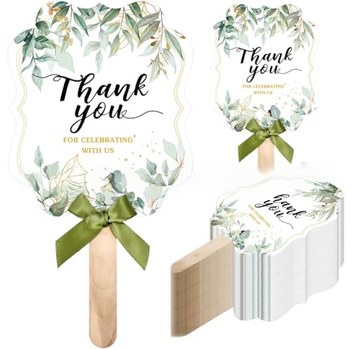 Set di 20 ventagli per matrimonio, design eucalipto con manico in legno, fiocco verde, ventagli di carta, per decorazioni per matrimoni, feste, battesimi, baby shower, Santa Comunione, verde