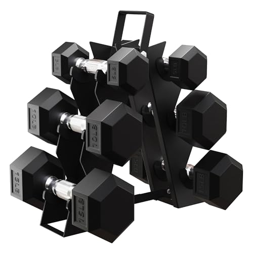 BalanceFrom Fitness Signature Alloy Steel Rubber Encased Hex Textured Dumbbell Workout Set w/Rack and 3 Pairs of 5, 10, and 15 Pound Weights, Black