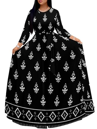 Image of Women Plus Size Long Sleeve V Neck Maxi Dress with Belt | Soft fabric relaxed fit three quarter sleeve v neck with pockets for party and daily wear