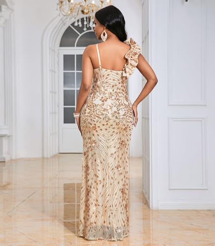 Image of Cololura Women Sexy Elegant Sequin High Split Ruffled Hem Mermaid Party Cocktail Bodycon Formal Evening Gowns Maxi Dress