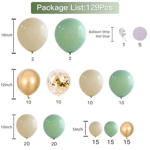 Image of Sage Green and Gold Balloon Arch Kit 129 PCS