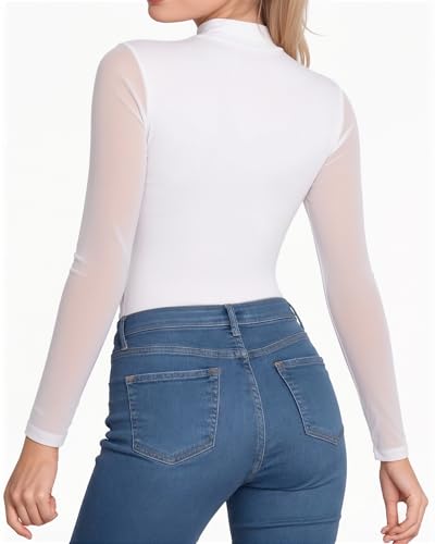 Image of MANGOPOP Bodysuit for Women Deep V Neck Twist Knot Slim Fit Long Sleeve Casual Basic Tee Shirt, white, S