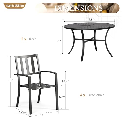 Image of Sophia & William Patio Dining Set, 42 inch Round Steel Table w /Umbrella Hole | Round metal table w / 1.57 inch umbrella hole&4 Black Stacking Metal Chairs for Patio, Deck, Yard, Porch