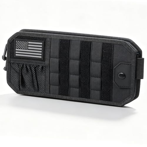 ANMUXI Molle Car Sun Visor Organizer Car Accessories with Zipper Visor Storage Pouch&Glasses Clip&Adjustable Straps Semi-Rigid Molle Panel for Tactical Gears Fits Most Vehicles SUVs (Black)