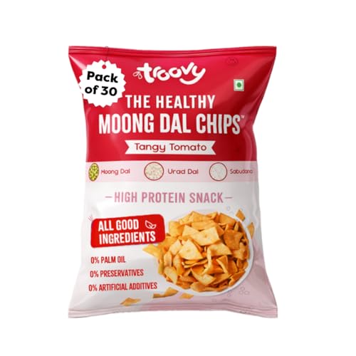 Image of Troovy Healthy Tangy Tomato Moong Dal Chips | Tasty & High Protein Snacks | 30% Of Protein Needs | No Palm Oil, Cholesterol or Trans Fats | 70g (Pack of 30)