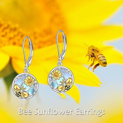 Image of LUHE Bee Earrings for Women 925 Sterling Silver Bumble Earrings with Honeycomb Honeybee Jewelry Dangle Gifts for Women