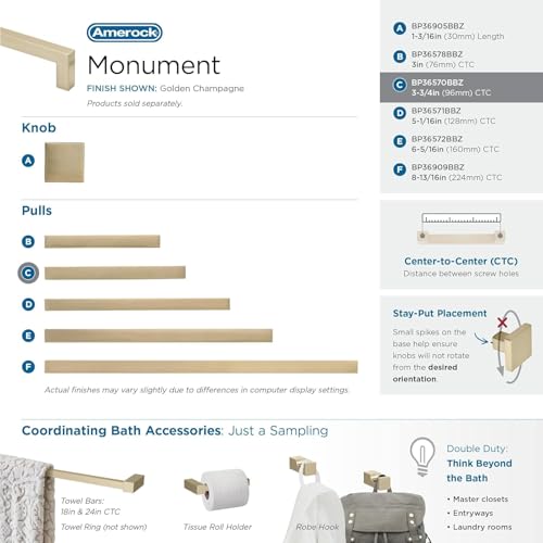 Image of Amerock | Cabinet Pull | Golden Champagne | 3-3 /4 inch (96 mm) Center to Center | Monument | 1 Pack | Drawer Pull | Drawer Handle | Cabinet Hardware