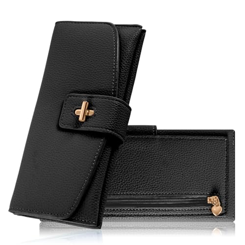 ANEW Long Wallet for Women, Bifold Clutch Large Capacity Card Organizer Buckle Long Purse, Wallets Women with Card Holder Zipper Anti Theft Wallet Coin Purse (Black)