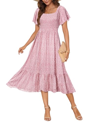 AUSELILY Womens Empire Waist Dress Summer Smocked Square Neck Dresses Flutter Short Sleeve Off Shoulder Midi Long Dress - Image 6