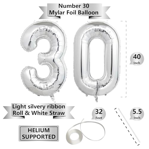 Image of Number Balloons Silver Party Balloon - Giant Number 30 Balloon, 40 Inch Large Balloon for 30th Birthday Decorations, Silver Party Supplies for Anniversary