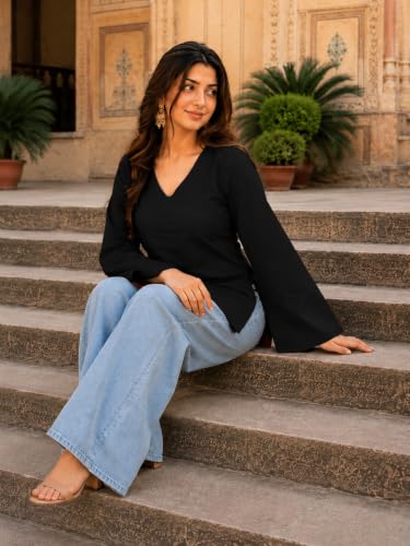 Image of Women's Cotton Short Kurti Black Solid Plain V Neck Full Bell Sleeve Casual Stylish Short Kurta for Women for Jeans Daily Girl Top