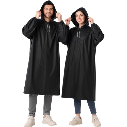 Image of HACER EVA Raincoat 110 GSM with Adjustable Hood Full Sleeves Universal Size Long Length Lightweight Waterproof Outdoor Rainwear for Camping Trekking Hiking Men & Women (Pack of 1, Black)