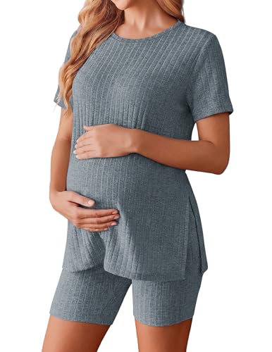 Image of Ekouaer Maternity Sets 2 Piece Outfits Ribbed Knit Short Sleeve Shirts and Biker Shorts Pregnancy Loungewear Mama Clothes