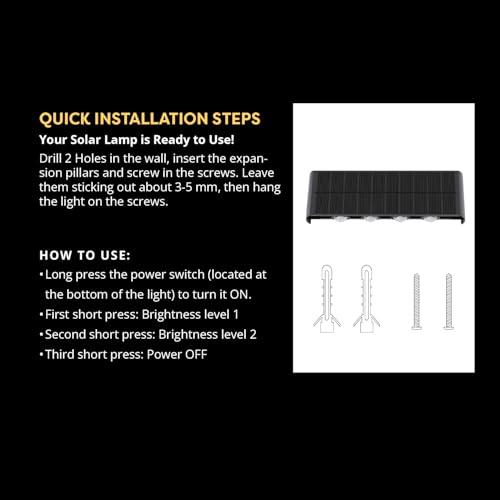 Image of wipro Garnet Solar Wall Light SW04 4x2 Way | 2 in 1 Modes | Warm White Light | Auto ON(Night) & Off(Day) | IP65 | Outdoor Light for Home, Balcony, Patio, Stairs, Garden | Easy Installation | Pk 1