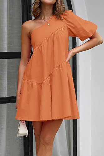 Image of KIRUNDO Summer One Shoulder Mini Baby Doll Dresses Women 2026 Casual Puff Sleeve Loose Tiered A Line Flowy Short Dress