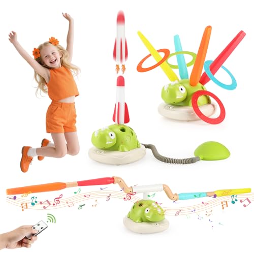 Pavlleen 3 in 1 Outdoor Spiele für Kinder, Ringwurfspiel, Raketen Spielzeug, Seilspringmaschine mit 4 Geschwindigkeiten Fernsteuerung und Musik, Indoor Outdoor Spielzeug für Kinder ab 3 Jahren