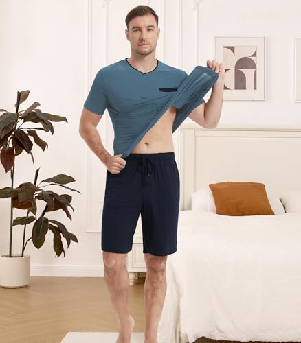 Image of NACHILA Men's Pajamas Set-Viscose Made from Bamboo, Short Sleeve Sleepwear Soft Pjs with Shorts V Neck Loungewear Sets