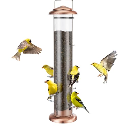Kingsyard Metal Finch Feeder for Thistle/Nyjer Seed, Tube Bird Feeders for Outdoors Hanging, 2 lbs Large Capacity, Easy to Refill & Clean, Antique Copper