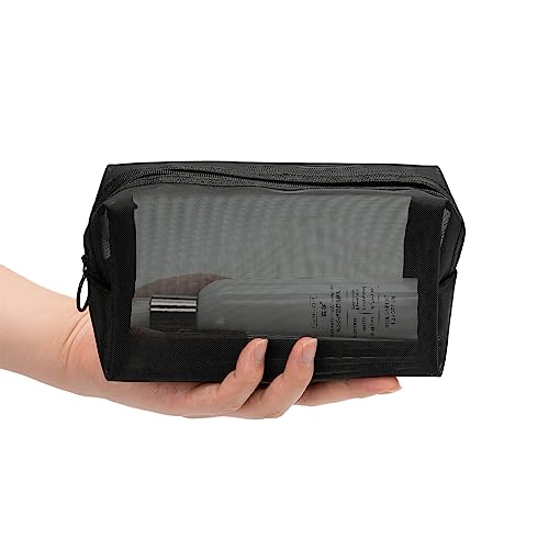 Portable Mesh Makeup Bag with Zipper Small Travel Toiletry Bag Lightweight Cosmetic Pouch (Black Square)3