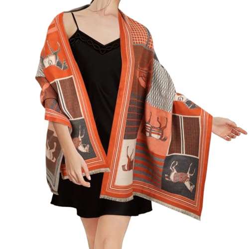 Relang Scarfs for Women Pashmina Silky Shawl Wrap for Evening Dressing Blanket Open Front Poncho Cape Orange&grey