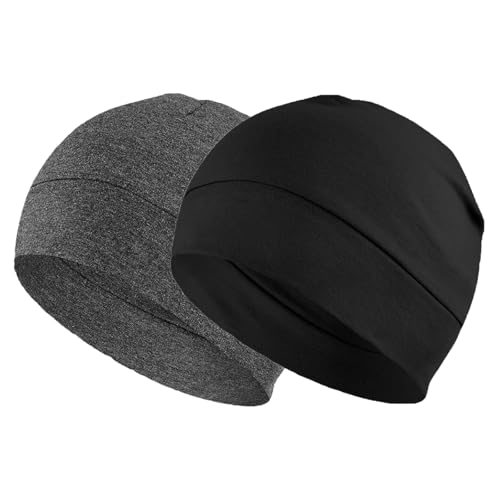 ATSNOSH Paquete de 2 gorros de calavera para hombres y mujeres, gorro, forro elástico fino para casco, ligero y suave, de algodón, multifuncional, para correr, ciclismo, dormir, Paquete de 2 unidades