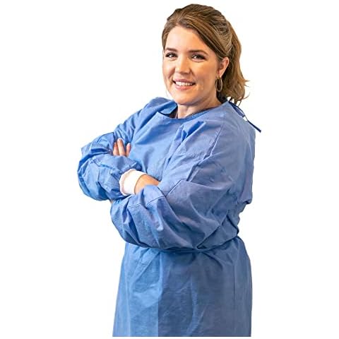 10-Pack Level 2 Disposable Isolation Gown Baluster Fully Closed Double Tie Neck and Waist, SMS 35g, Knitted Cuffs, Blue, Unisex Cover