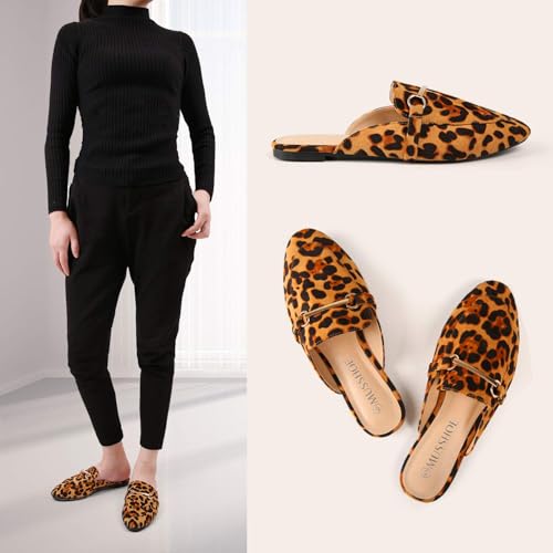 Image of MUSSHOE Gold Buckle Mules for Women - Comfortable Memory Foam Loafers, Classy Slip On Flats for Office Business Casual, Dressy Pointed Toe Shoes