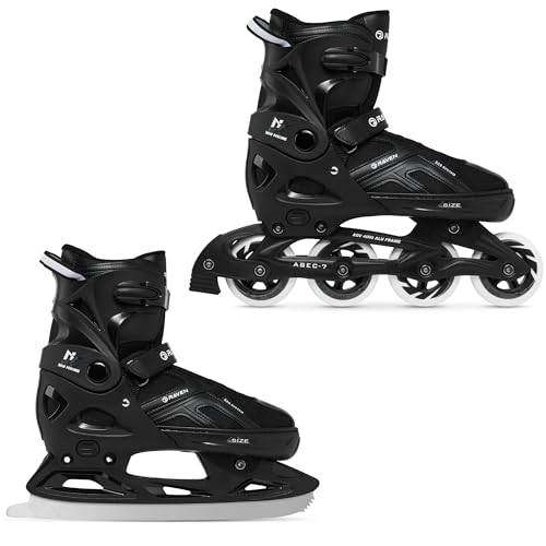 RAVEN Pulse Inline Skates Inliner für Kinder und Erwachsene OPTIONAL 2in1 mit Schlittschuhen verstellbar (Black mit Kufen 43-46 (28-30 5cm))