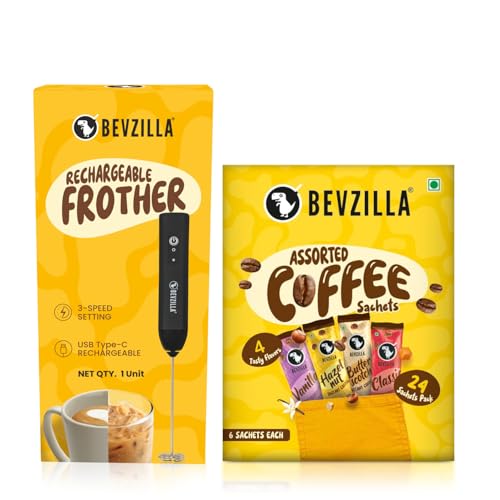 Bevzilla 24 Assorted Coffee & Rechargeable Electric Frother Combo Pack | 3-Speed Setting with Type-C Fast Charging| 6 Pouches Each Flavour | Café Coffee Kit | Enjoy Hot & Cold Bevzilla 24 Assorted Coffee & Rechargeable Electric Frother Combo Pack | 3-Speed Setting with Type-C Fast Charging| 6 Pouches Each Flavour | Café Coffee Kit | Enjoy Hot & Cold