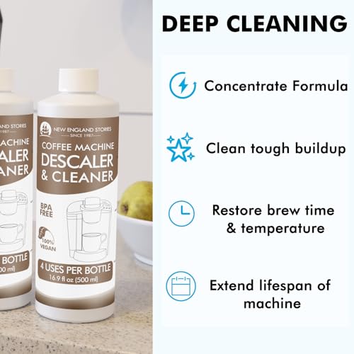 Image of New England Stories 8 Uses Descaling Solution Compatible with Keurig - 33.8oz Coffee Machine Descaler, Espresso Coffee Maker Cleaner, Coffee Pot Limescale Remover