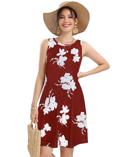 Image of elescat Women's Summer Dresses 2026 Beach Casual Sleeveless Floral Print Tank Loose Sundress with Pocket